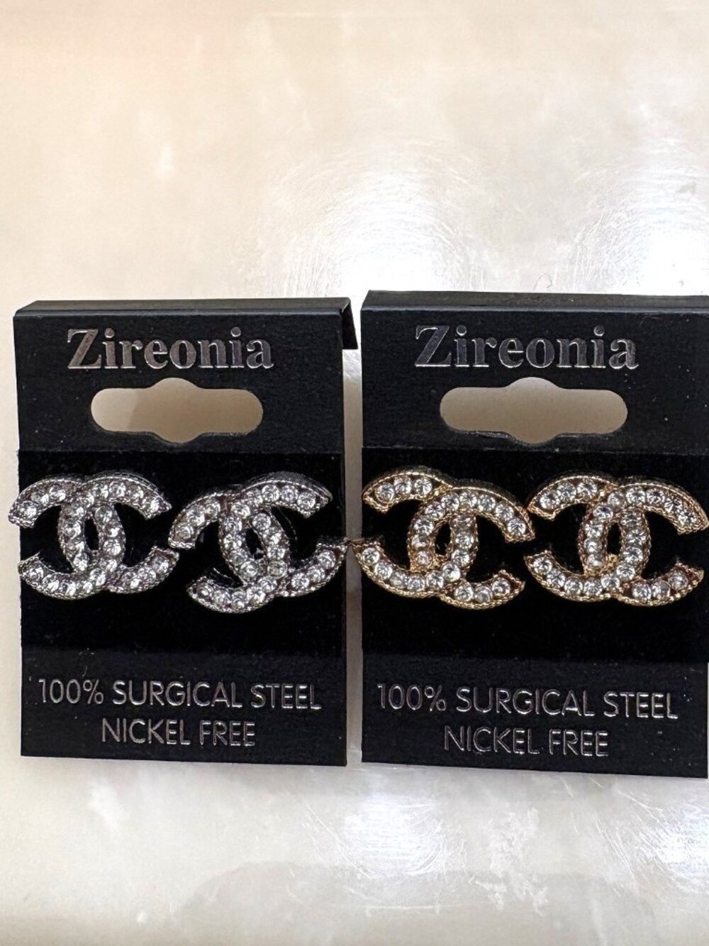NWT ZIREONIA CC coco chanel stud earrings 15mm  2 pr-one gold toned/other silver